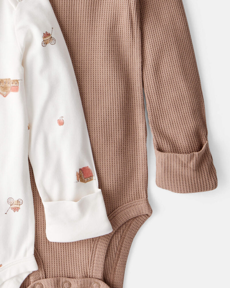 Baby Barn Print PurelySoft Long-Sleeve Multipack Bodysuits - Brown/White, image 2 of 7 slides