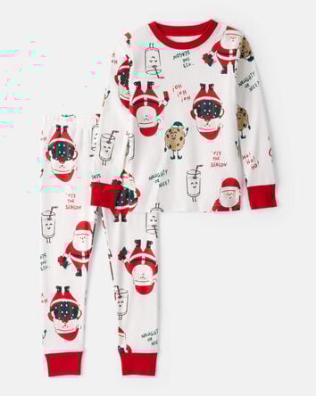 Toddler Christmas Santa Print 100% Cotton Long-Sleeve Snug Fit 2-Piece Pajamas - White, 