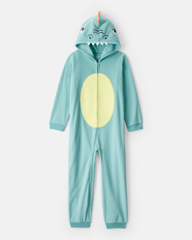 Boys Dinosaur Fleece Hooded Long-Sleeve Zip-Up 1-Piece Pajamas - Blue, image 1 of 3 slides