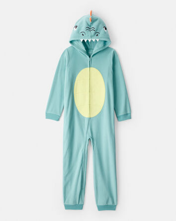 Boys Dinosaur Fleece Hooded Long-Sleeve Zip-Up 1-Piece Pajamas - Blue, 