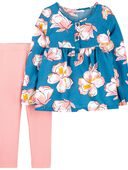Turquoise/Pink - 2-Piece Floral Poplin Top & Legging Set