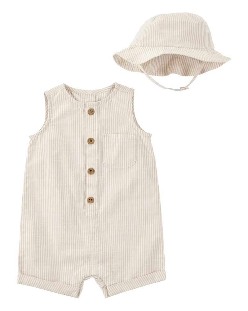 Baby Striped Cotton Outfit Set - Tan, image 1 of 3 slides