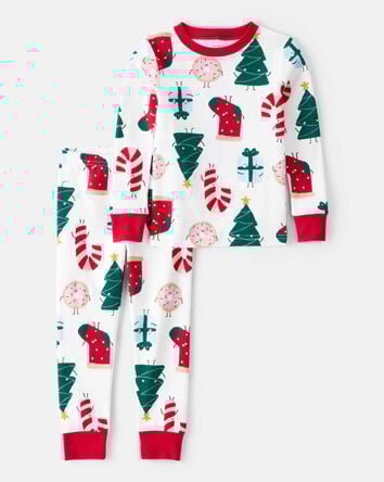 Baby Santa Print 100% Cotton Long-Sleeve 2-Piece Pajamas - White, 