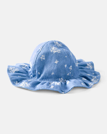 Baby Girl Chambray Floral Print Sun Hat - Blue, 