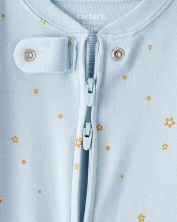 Toddler Girl Unicorn Star Print 100% Cotton Long-Sleeve 2-Way Zip 1-Piece Pajamas - Blue, 