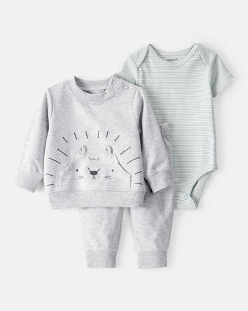 Baby 3-Piece Lion Little Pullover Set - Grey/Green, 