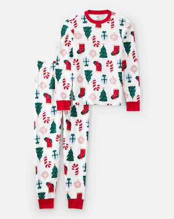 Adult Christmas Print 100% Cotton Long-Sleeve 2-Piece Pajamas - White, 