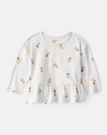 Baby Girl Floral Long-Sleeve Peplum Top - Grey, 