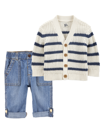 Baby 2-Piece Striped Sweater Knit Cardigan & Roll-Up Cuff Jeans Set, 
