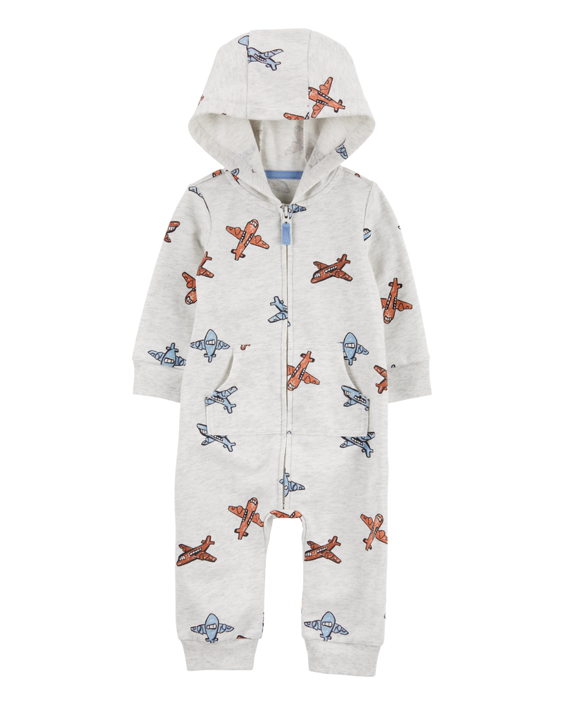 Baby Airplane Zip-Up Long-Sleeve Jumpsuit - Grey, image 1 of 3 slides