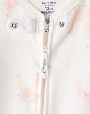 Toddler Girl Dinosaur Print 100% Cotton Long-Sleeve 2-Way Zip 1-Piece Pajamas - White, 