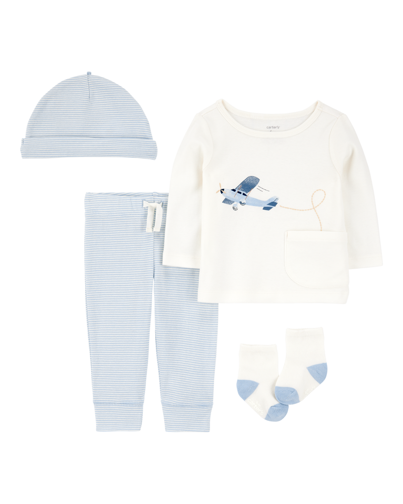 Baby 4-Piece Airplane Print Outfit Set - Blue, image 1 of 5 slides
