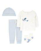 Baby 4-Piece Airplane Print Outfit Set - Blue, image 1 of 5 slides