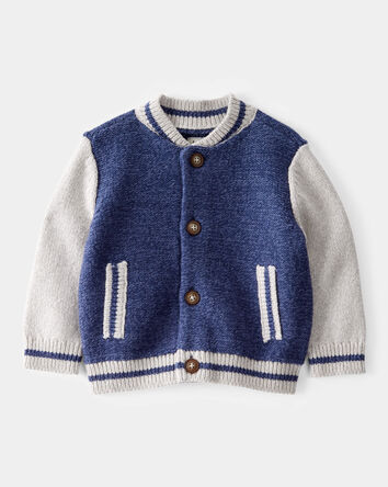 Baby Jersey Knit Varsity Button-Down Sweater - Navy, 