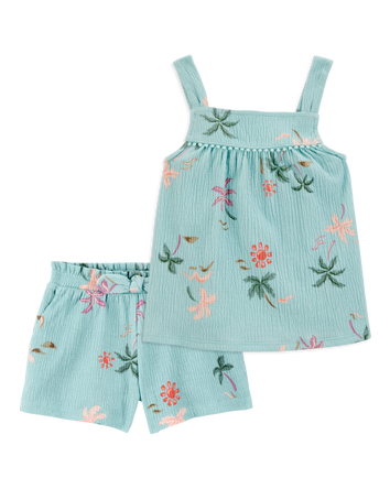 Toddler 2-Piece Palm Tree Crinkle Jersey Tank & Play Shorts Set - Turquoise
, 