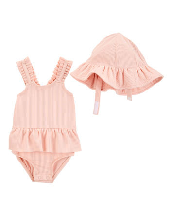 Baby 2-Piece Sun Hat & Ruffle 1-Piece Swimsuit Set, 
