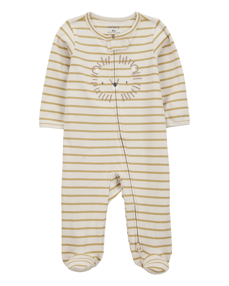 Baby Boy Lion Striped 2-Way Zipper Cotton Sleep & Play Pajamas - Tan, image 1 of 3 slides