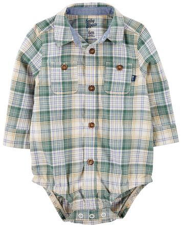 Plaid Long-Sleeve Button-Down Bodysuit , 