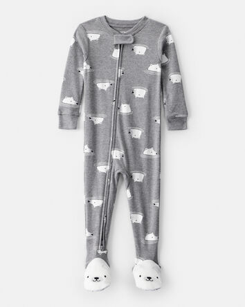 Baby Boy Polar Bear Cotton Snug Fit 2-Way Zip Footie 1-Piece Pajamas - Grey, 