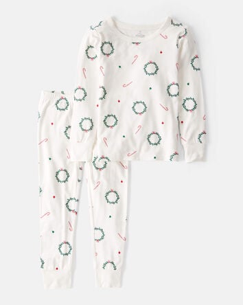Toddler Christmas Wreath Print PurelySoft Snug Fit 2-Piece Pajamas - White, 