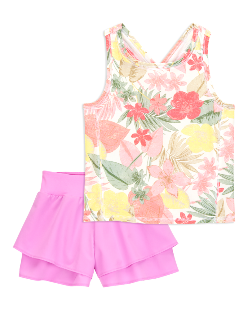 Kid 2-Piece Floral Active Racerback Tank & Flowy Layered Flip Short Set - Pink/Yellow, image 1 of 8 slides
