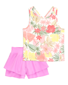 Kid 2-Piece Floral Active Racerback Tank & Flowy Layered Flip Short Set - Pink/Yellow, image 1 of 8 slides