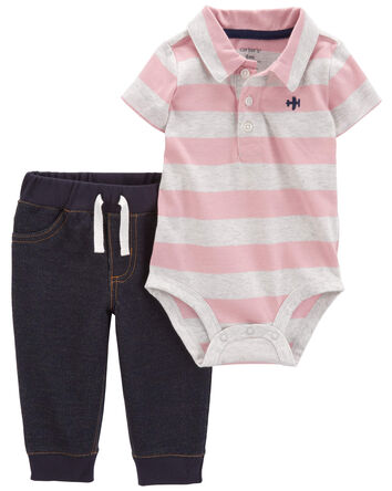 Baby 2-Piece Striped Polo Bodysuit Pant Set, 
