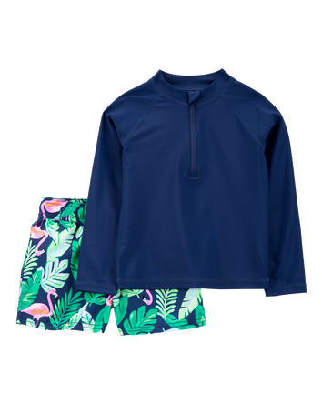 Baby Boy 2-Piece Tropical Flamingo Rashguard & Swim Trunk Set, 