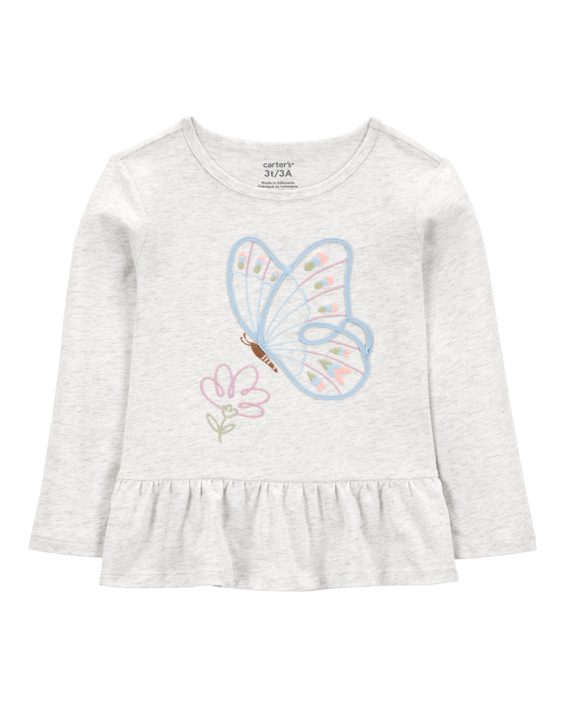 Baby Butterfly Long-Sleeve Peplum Top - Grey, image 1 of 3 slides