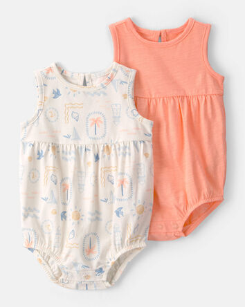 Baby Girl 2-Pack Beach Cotton Bubble Rompers - Orange/Ivory, 