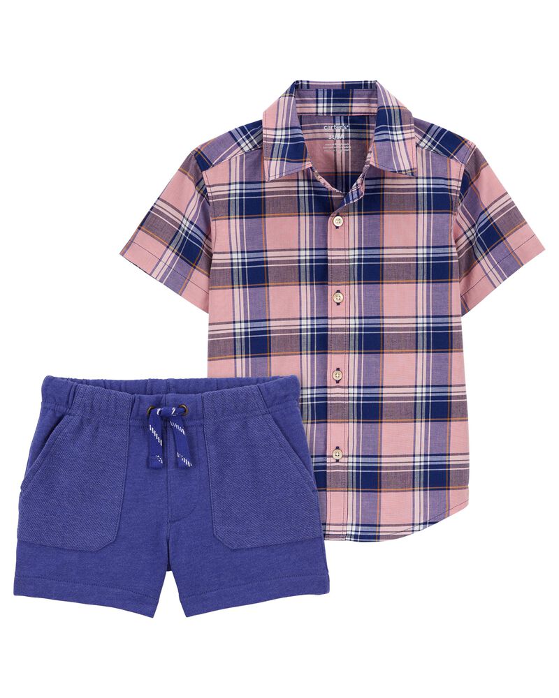 Toddler 2-Piece Plaid Button-Down Shirt Pull-On French Terry Shorts Set

, image 1 of 5 slides