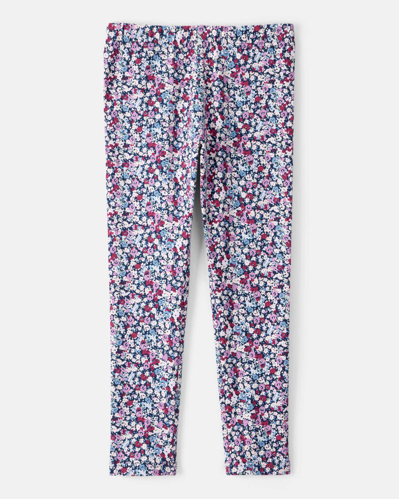Girls Floral Cotton Pull-On Stretch Leggings - Purple, image 2 of 4 slides