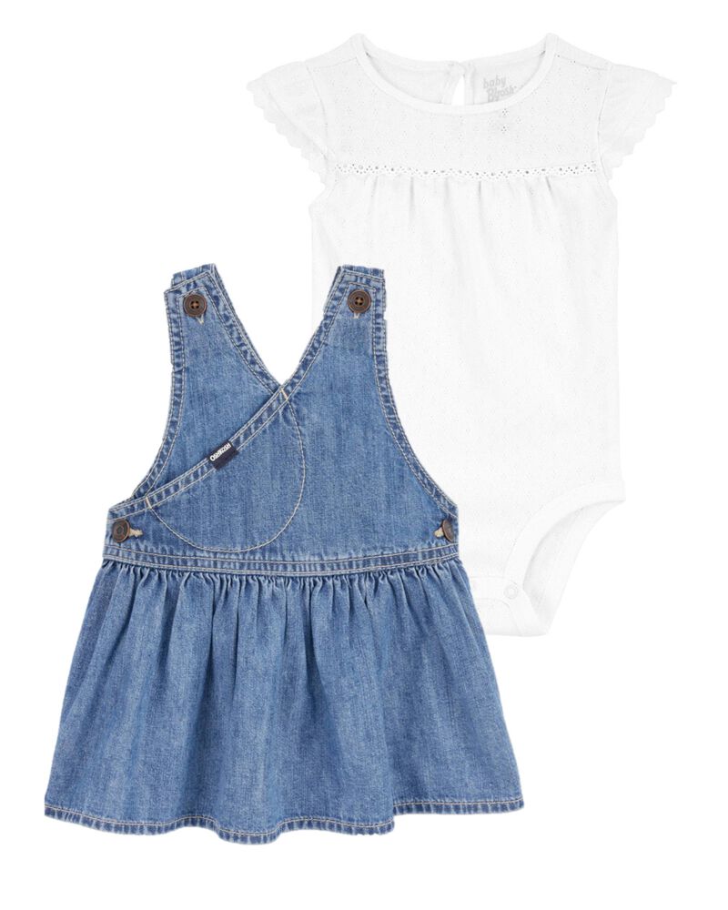 Baby 2-Piece Pointelle Bodysuit & Denim Jumper Dress Set, image 1 of 1 slides