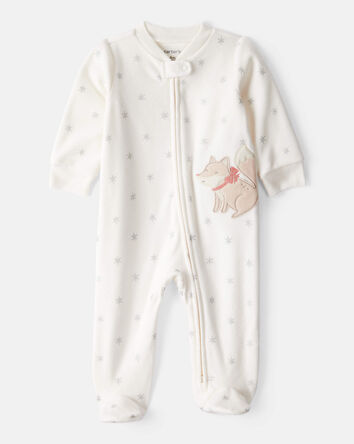 Baby Girl Fox Sparkle Print Loose Fit Long-Sleeve Sleep & Play Pajamas - White, 