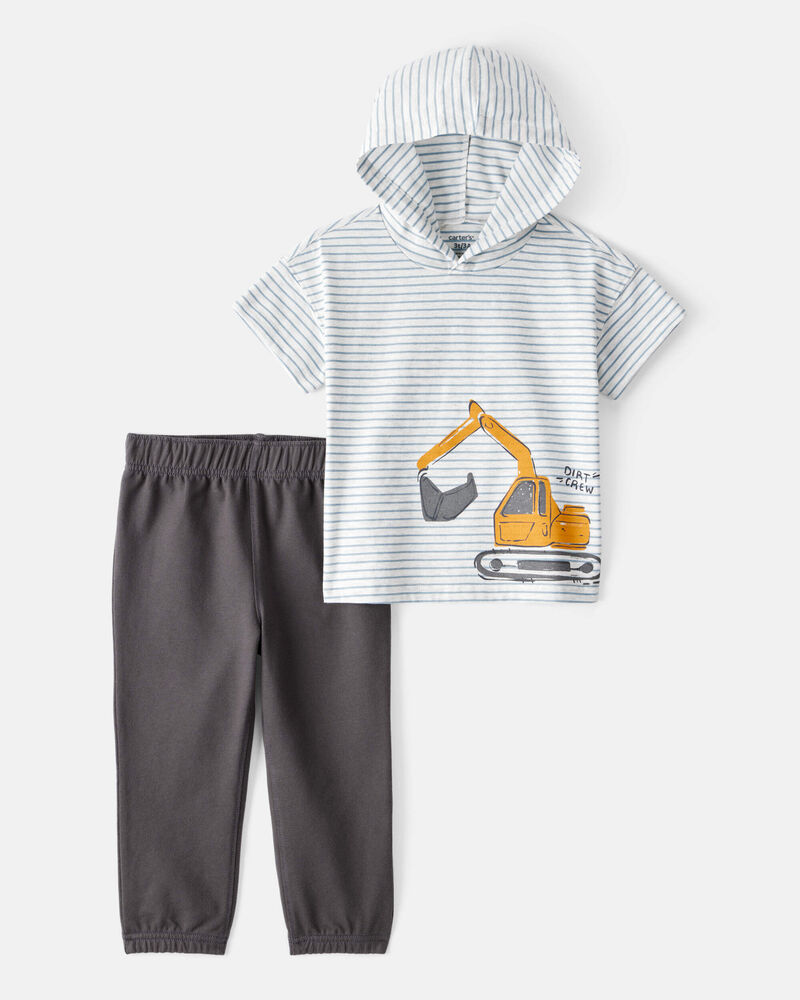 Toddler 2-Piece Construction Striped Hooded Tee & Jogger Set, image 1 of 4 slides