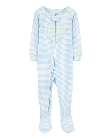Baby Girl Heart Striped Snug Fit Cotton Footie 1-Piece Pajamas - Blue, 