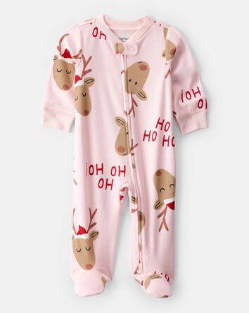 Baby Girl Reindeer 100% Cotton Snug Fit 2-Way Zip Sleep & Play Pajamas - Pink, 