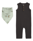Baby 2-Piece Drop Needle Jumpsuit & Bandana Bib Set, image 1 of 3 slides