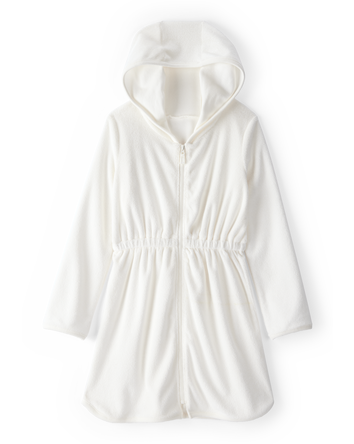 Girls Hooded Terry Cloth Swim Cover-Up Dress - White, 