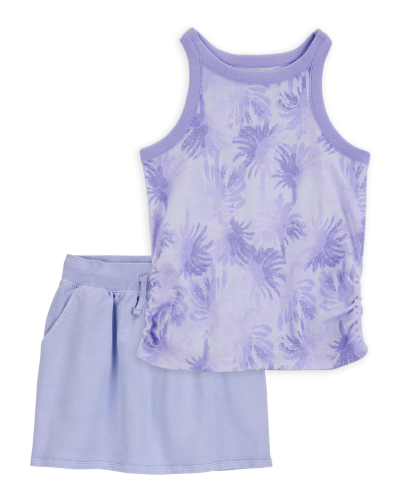 Kid 2-Piece Tropical Print Ribbed Tank Top & Active Drawstring Skort Set - Purple, image 1 of 6 slides