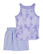 Kid 2-Piece Tropical Print Ribbed Tank Top & Active Drawstring Skort Set - Purple, image 1 of 6 slides