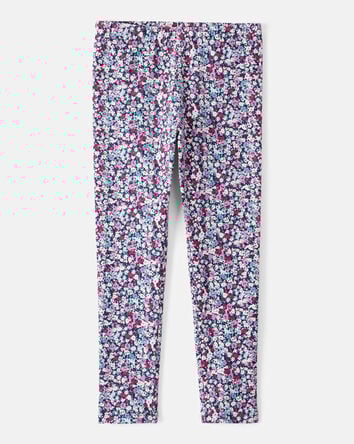 Girls Floral Cotton Pull-On Stretch Leggings - Purple, 
