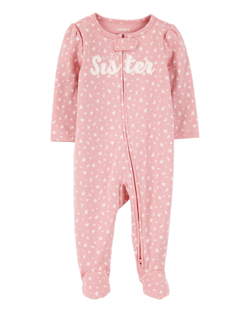 Baby Girl Little Sister 2-Way Zip Cotton Sleep & Play Pajamas - Pink, 