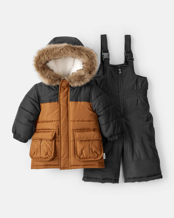 Baby Boy 2-Piece Color Block Hooded Snowsuit Jacket & Bib Set - Brown/Black, 