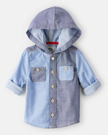 Baby Boy Long-Sleeve Hooded Chambray Shirt - Blue, 