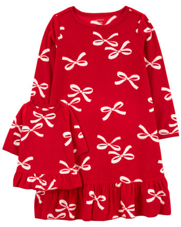 2-Piece Bow Print Fleece Nightgown & Doll Nightgown Set, 