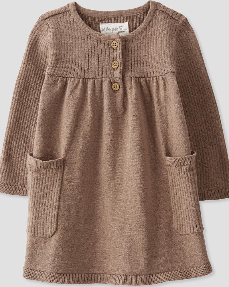 Baby Organic Cotton Ribbed Sweater Knit Dress in Light Brown, image 5 of 6 slides