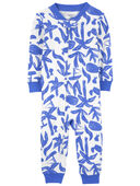 Blue/White - Toddler 1-Piece Ocean Print 100% Snug Fit Cotton Footless Pajamas