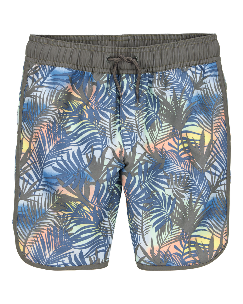 Kid 2-Piece Tropical Print Short-Sleeve Rashguard & Swim Trunks Set - Oragne/Grey, image 4 of 7 slides