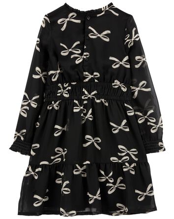 Kid Bow Print Chiffon Holiday Dress, 